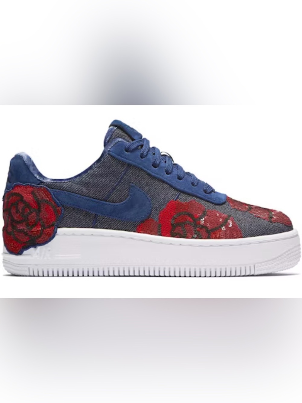 Nike Air Force 1 Low Denim with Blue Swoosh and Red Rose Embroidery